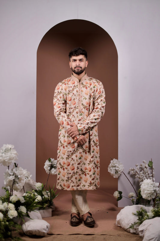 Nature’s Touch: Fawn Kurta Set with Bright Flower Print