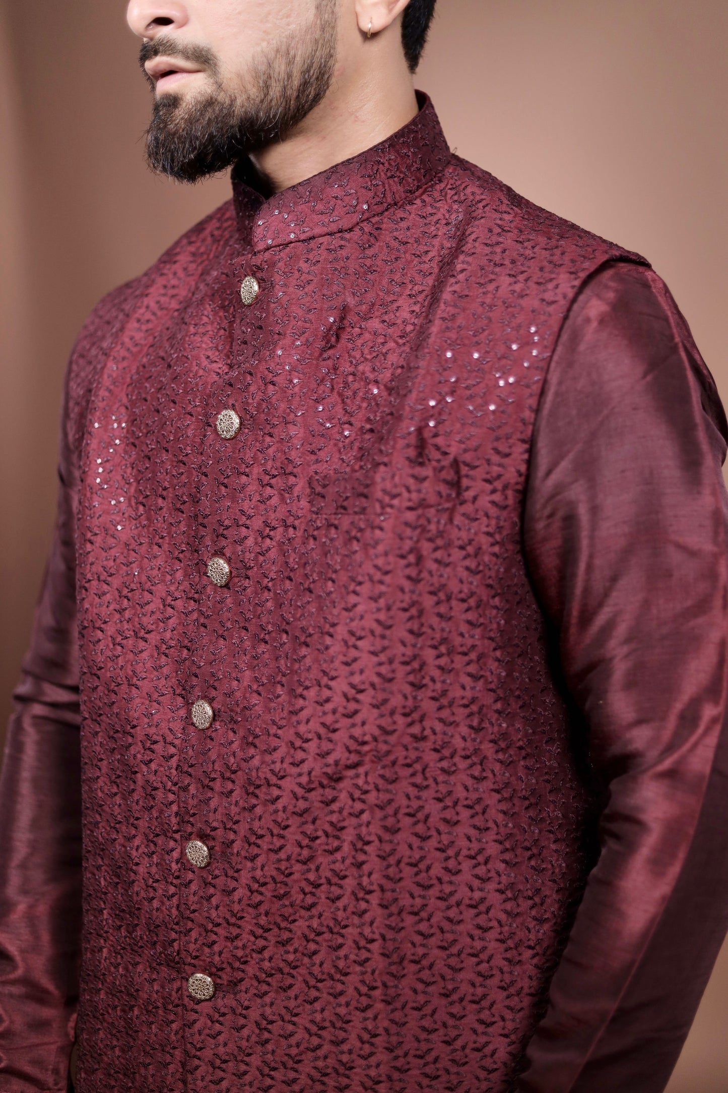 Luxurious Dark Red Kurta Set with Embroidered Details