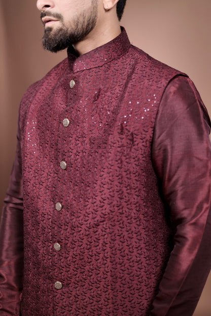 Luxurious Dark Red Kurta Set with Embroidered Details