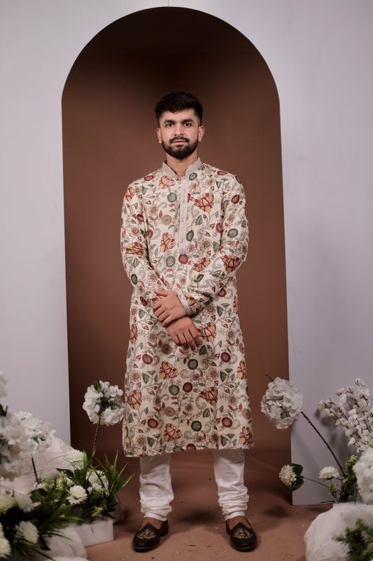 Elegant Off-White Kurta Featuring Lotus Artistry