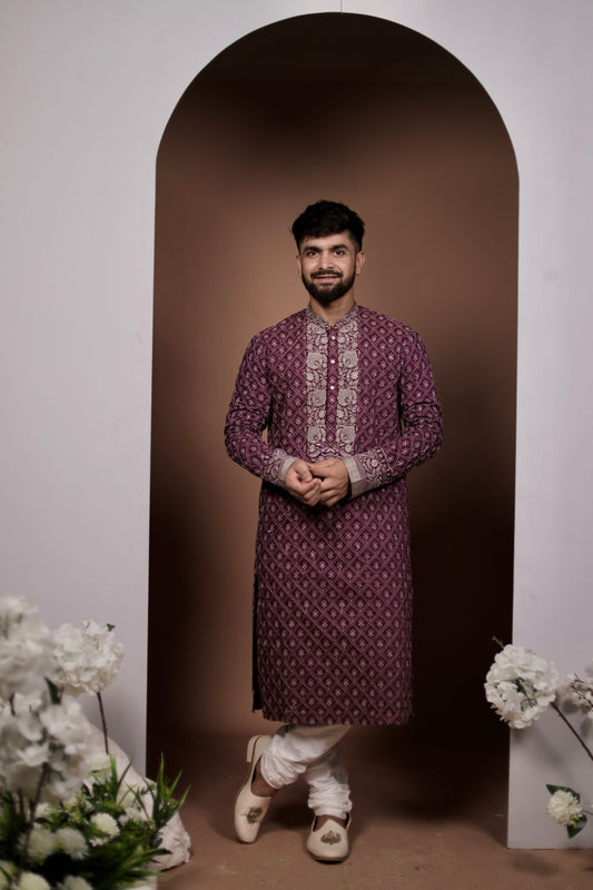 Elegant Purple Kurta With White Embroidery