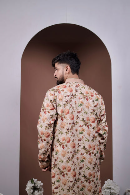 Nature’s Touch: Fawn Kurta Set with Bright Flower Print