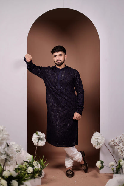 Luxurious Navy Blue Sequins Embroidered Kurta