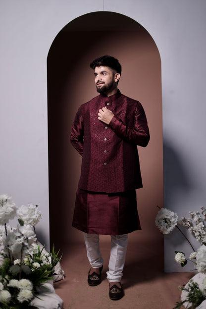 Luxurious Dark Red Kurta Set with Embroidered Details