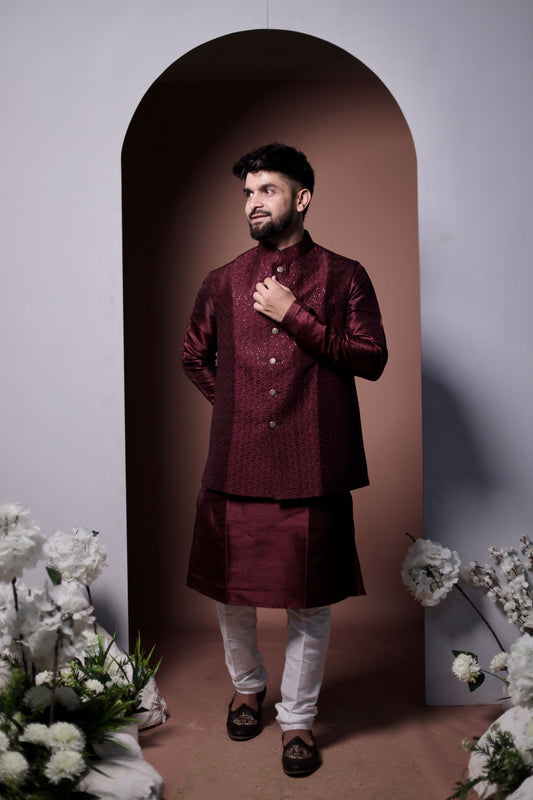 Luxurious Dark Red Kurta Set with Embroidered Details