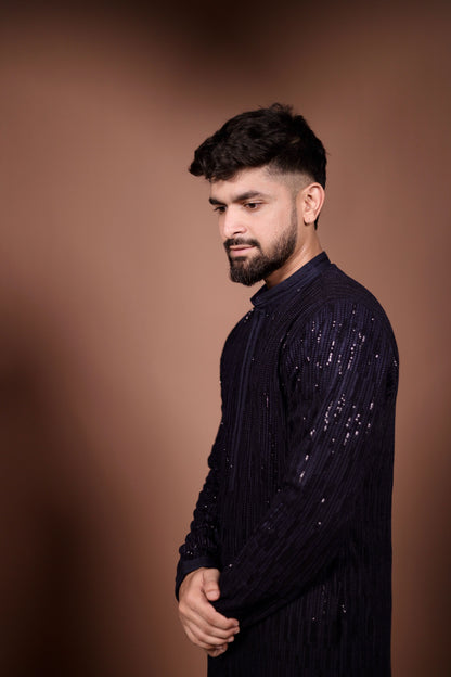 Luxurious Navy Blue Sequins Embroidered Kurta