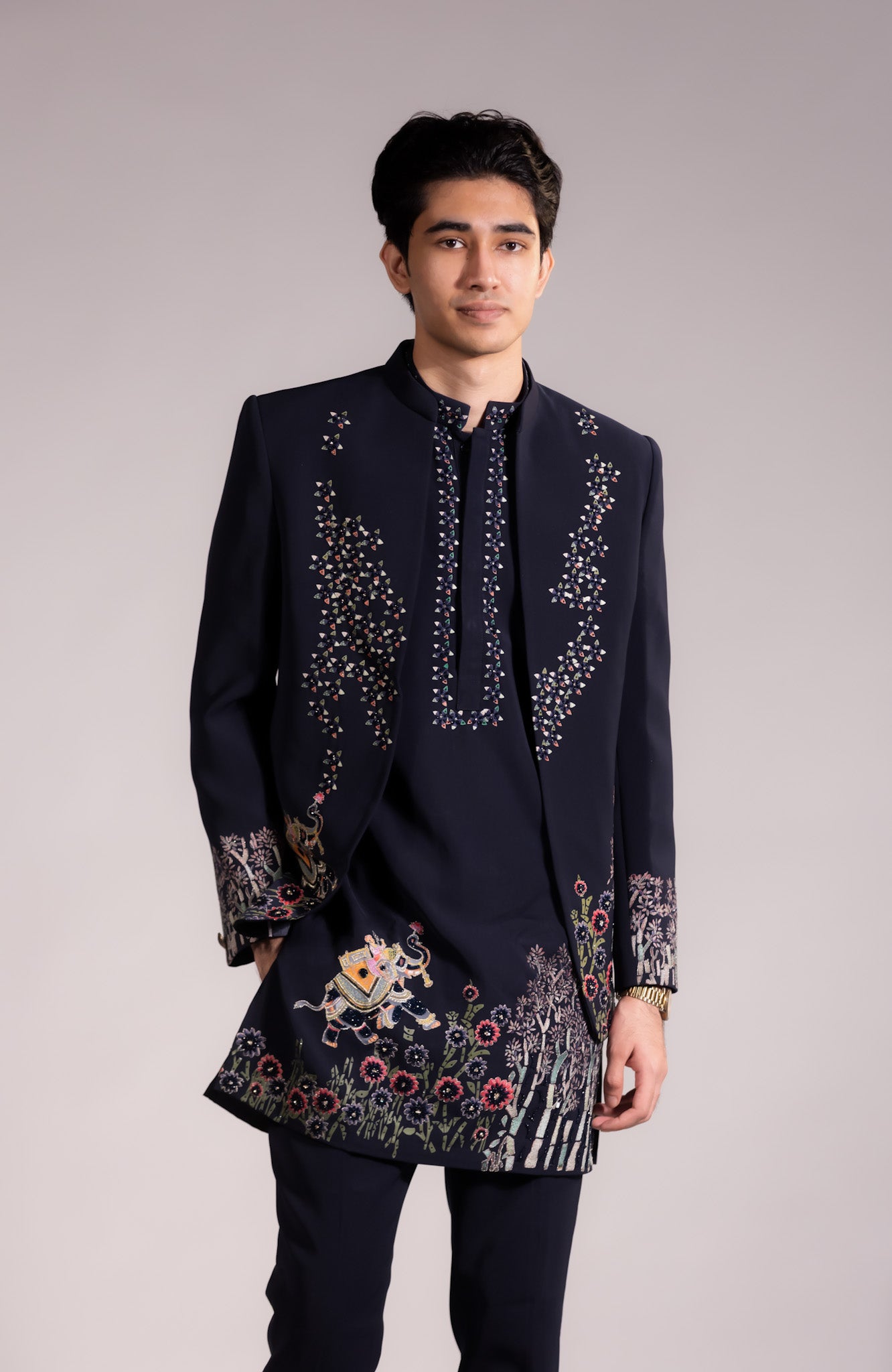 Midnight Blue Hand-Embroidered Indo-Western Set with Floral & Narrative Motif Detailing