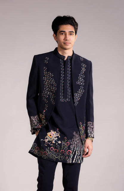 Midnight Blue Hand-Embroidered Indo-Western Set with Floral & Narrative Motif Detailing