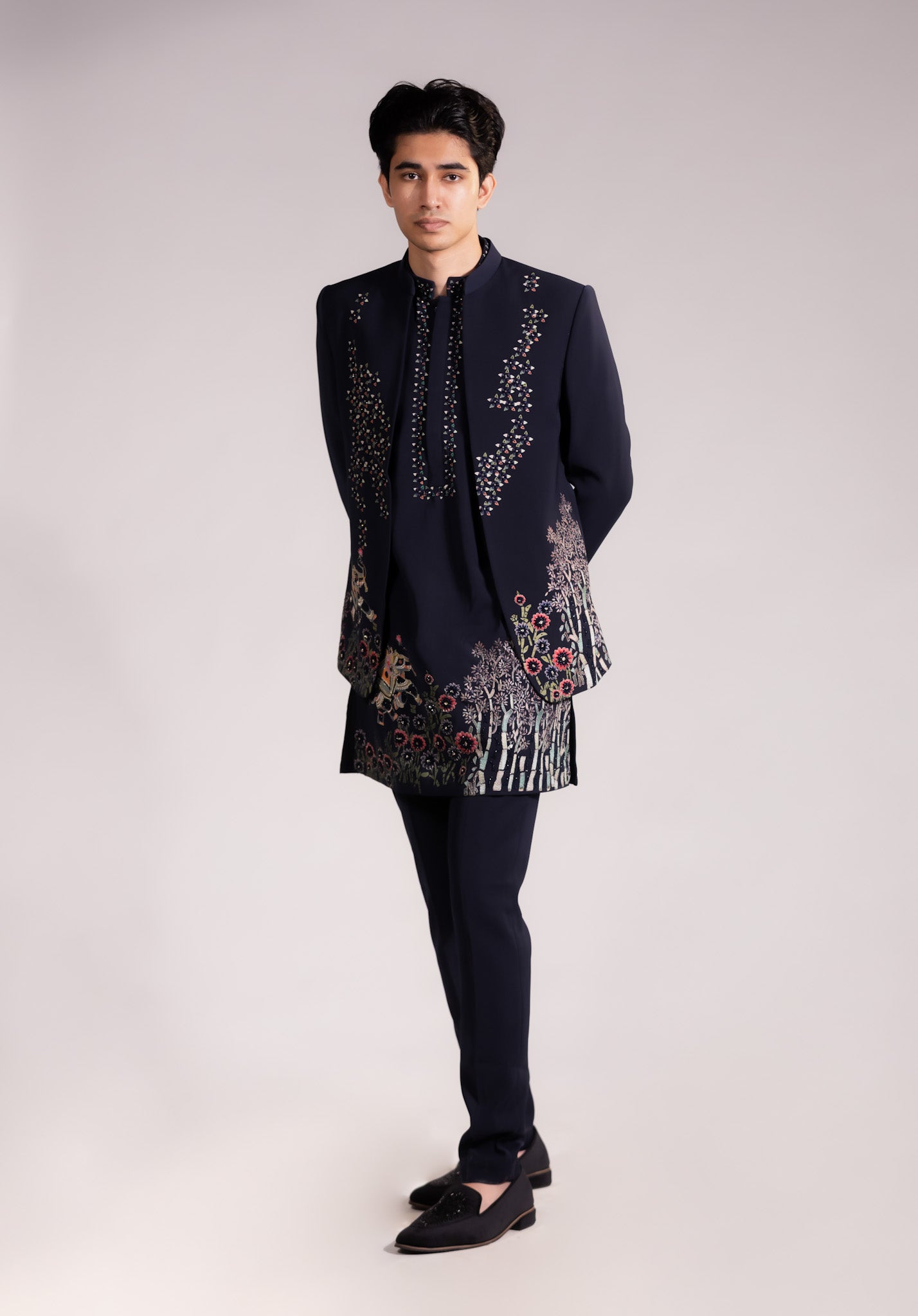 Midnight Blue Hand-Embroidered Indo-Western Set with Floral & Narrative Motif Detailing