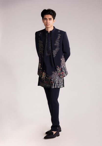 Midnight Blue Hand-Embroidered Indo-Western Set with Floral & Narrative Motif Detailing
