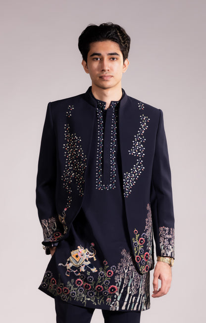 Midnight Blue Hand-Embroidered Indo-Western Set with Floral & Narrative Motif Detailing