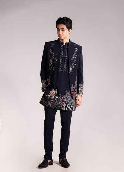 Midnight Blue Hand-Embroidered Indo-Western Set with Floral & Narrative Motif Detailing