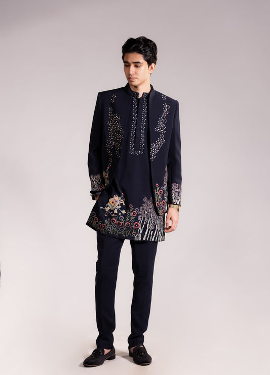 Midnight Blue Hand-Embroidered Indo-Western Set with Floral & Narrative Motif Detailing