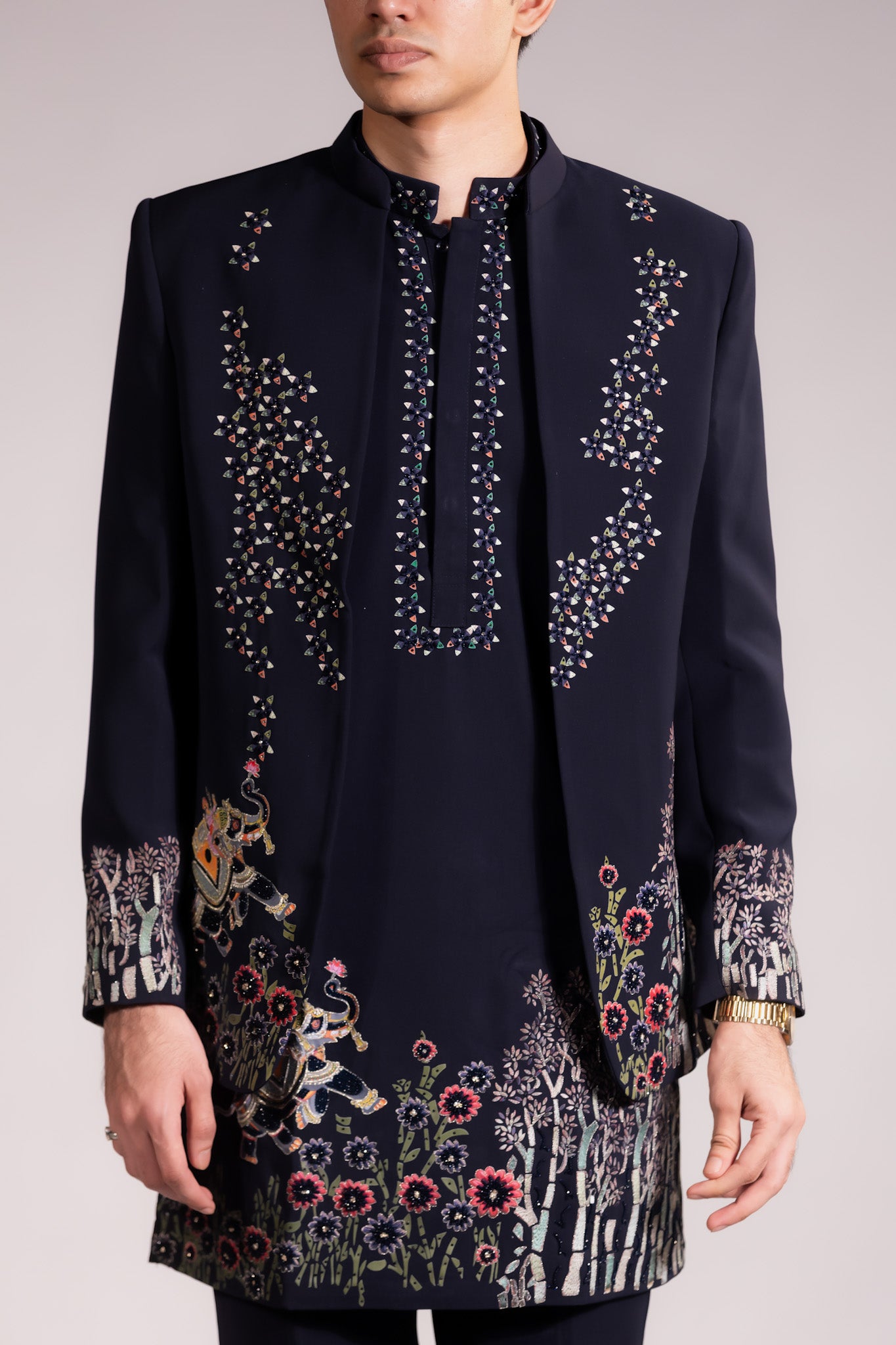 Midnight Blue Hand-Embroidered Indo-Western Set with Floral & Narrative Motif Detailing