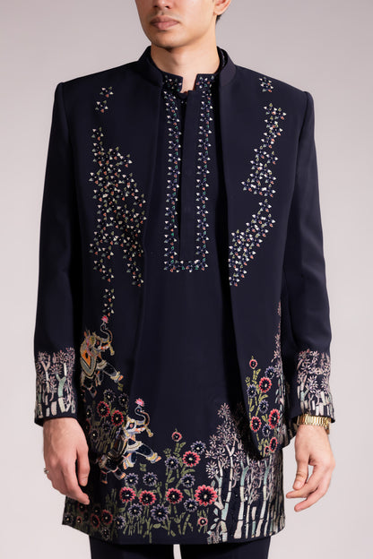 Midnight Blue Hand-Embroidered Indo-Western Set with Floral & Narrative Motif Detailing