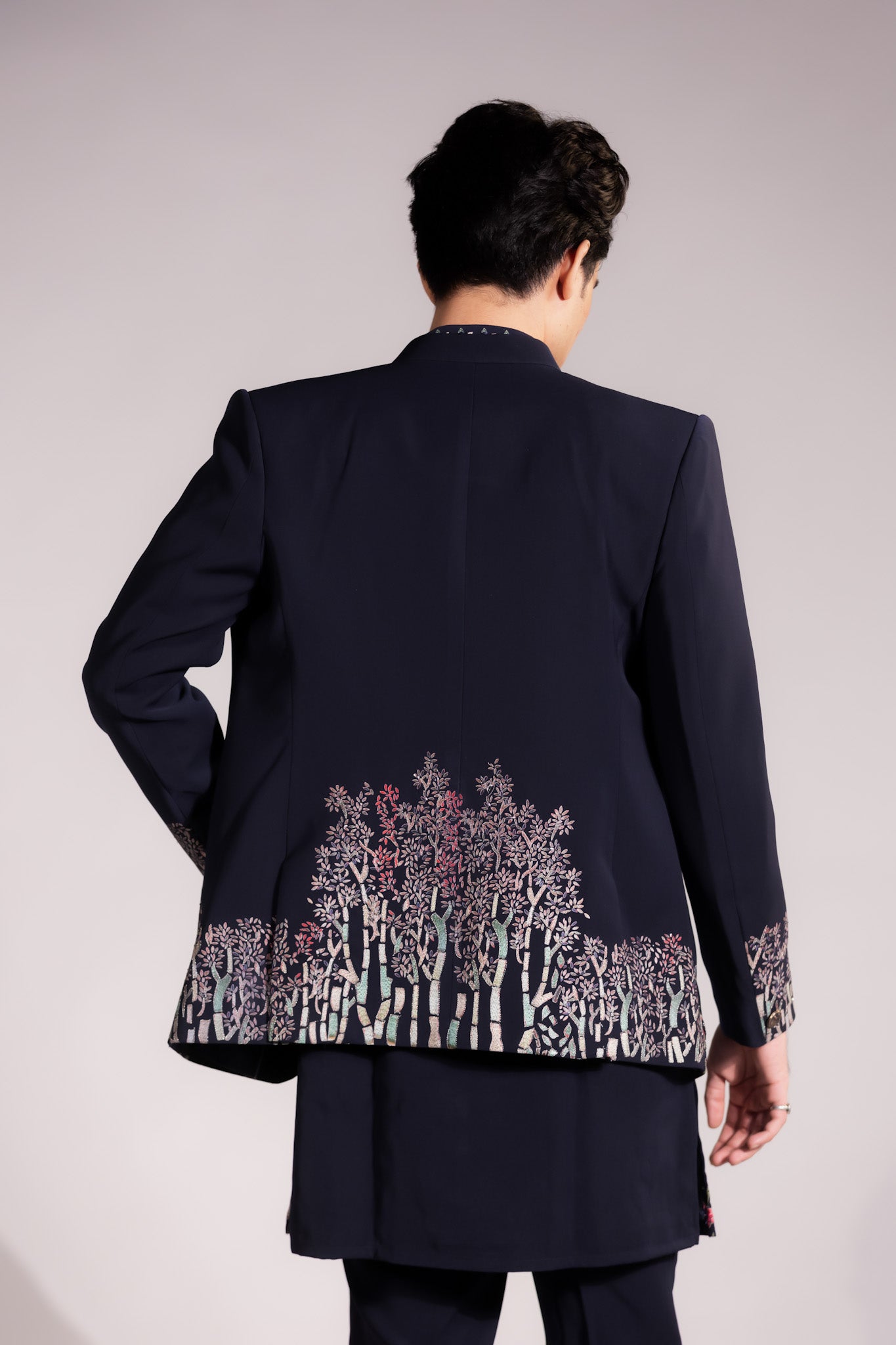 Midnight Blue Hand-Embroidered Indo-Western Set with Floral & Narrative Motif Detailing