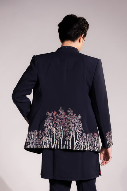 Midnight Blue Hand-Embroidered Indo-Western Set with Floral & Narrative Motif Detailing