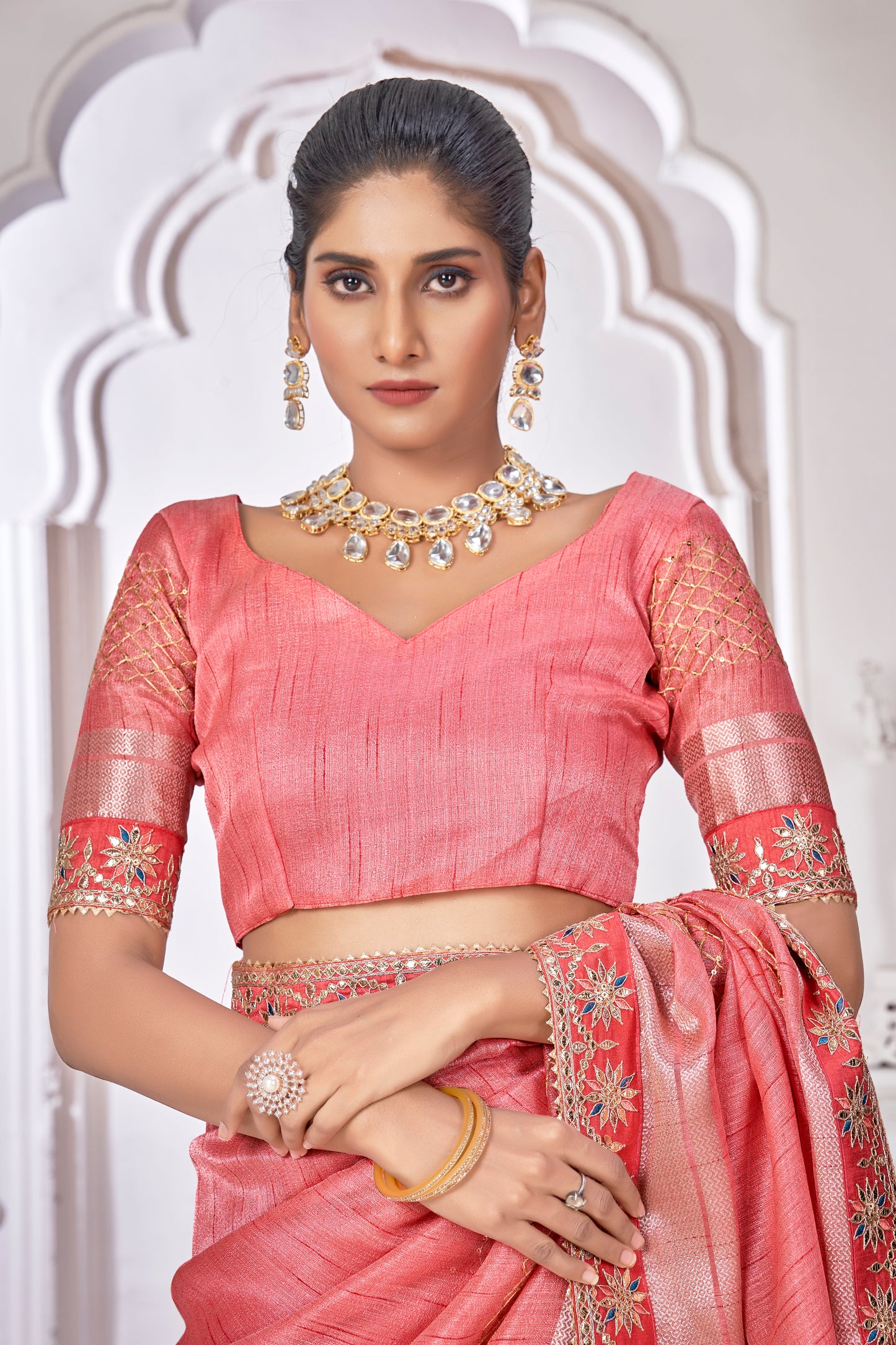 Peach Pink Linen Contemporary Cord Work Saree