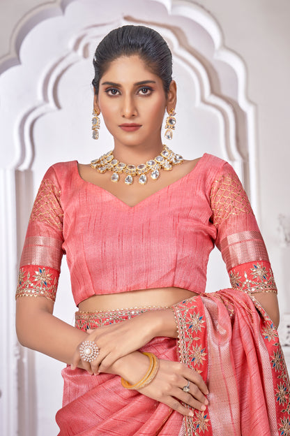 Peach Pink Linen Contemporary Cord Work Saree