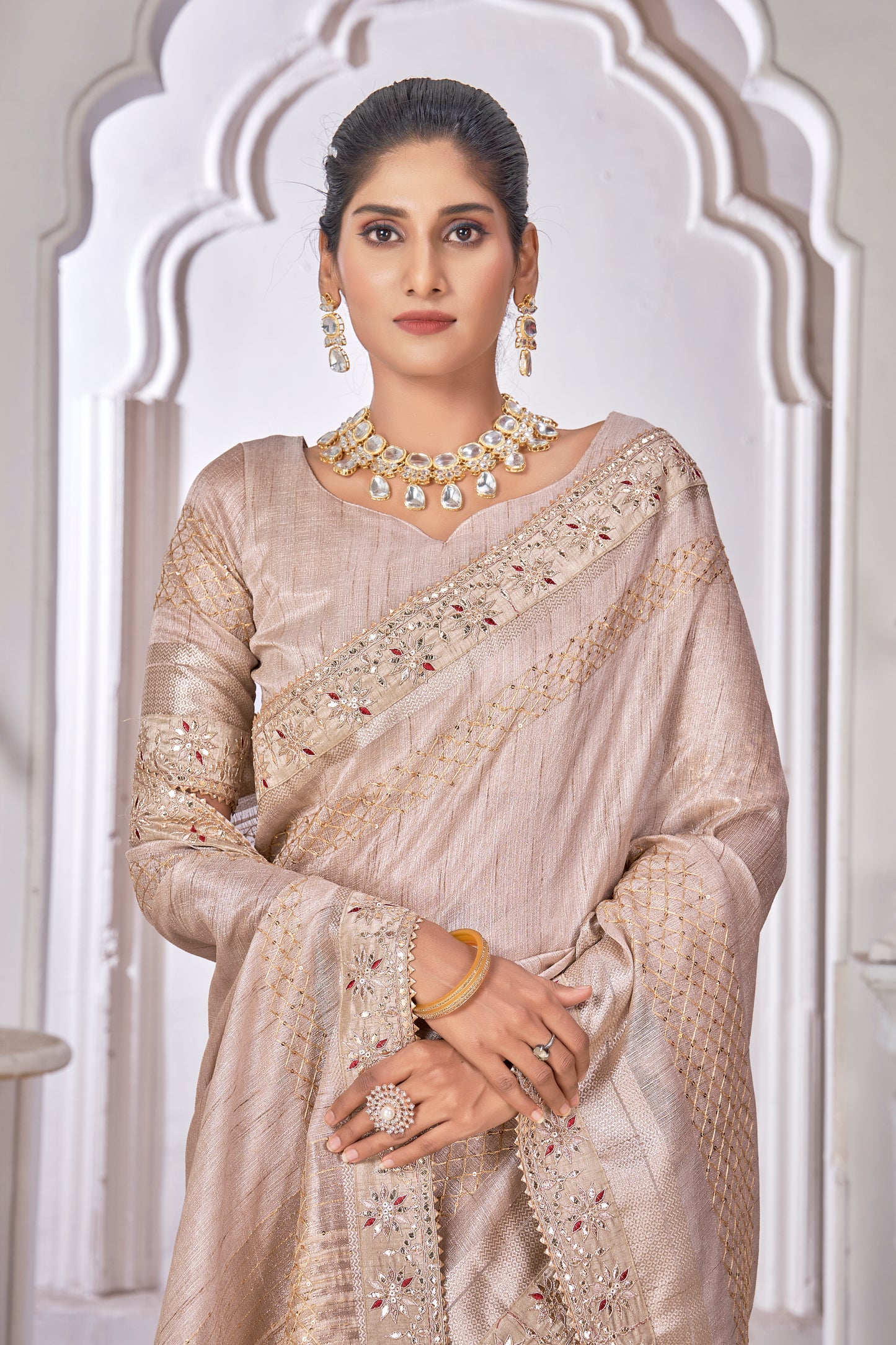 Cream Cord Work Linen Classic Saree for Ceremonial