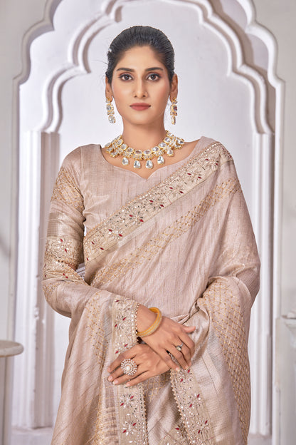 Cream Cord Work Linen Classic Saree for Ceremonial