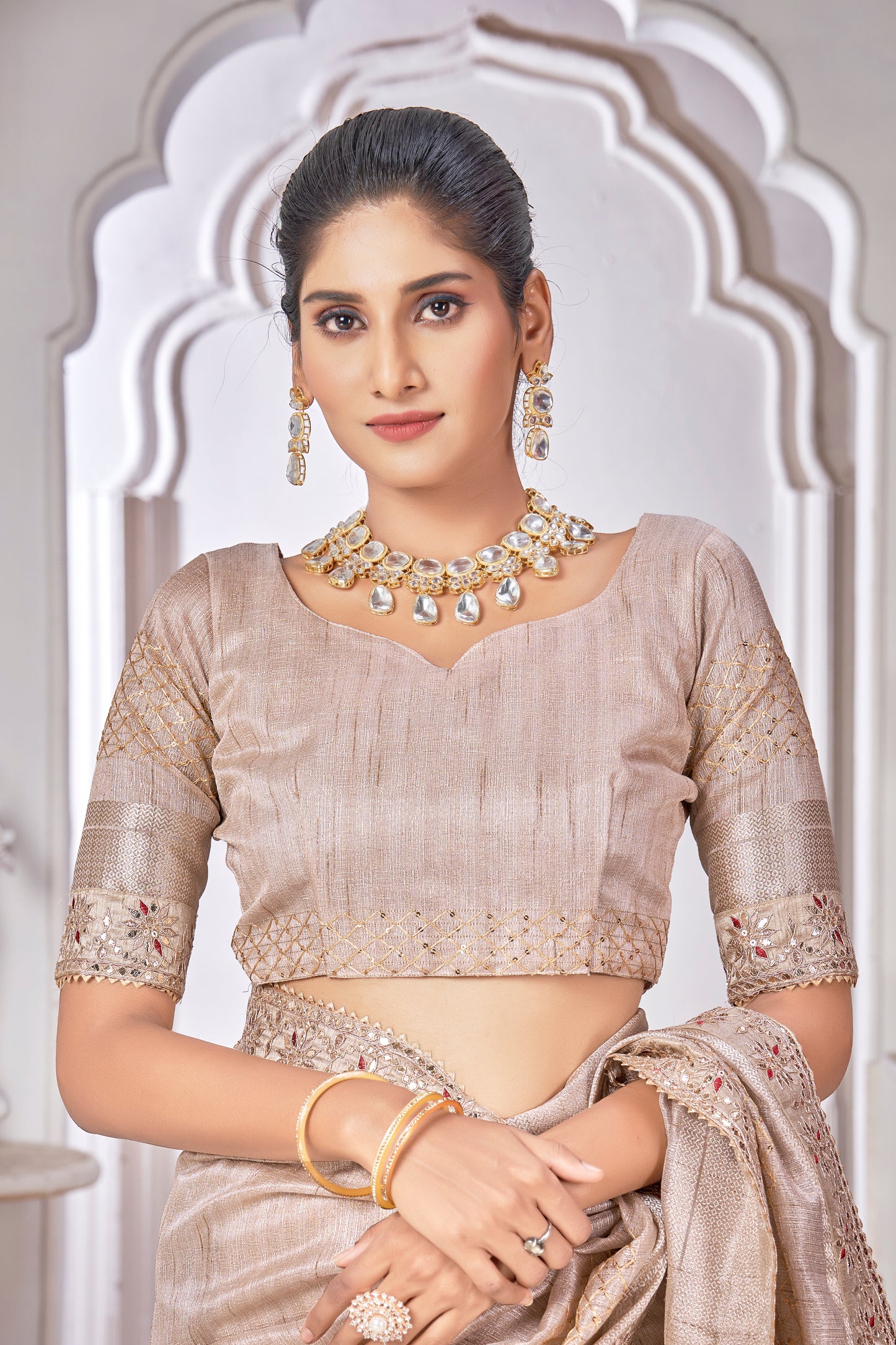 Cream Cord Work Linen Classic Saree for Ceremonial
