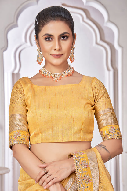 Yellow Linen Classic Saree with Cord Work