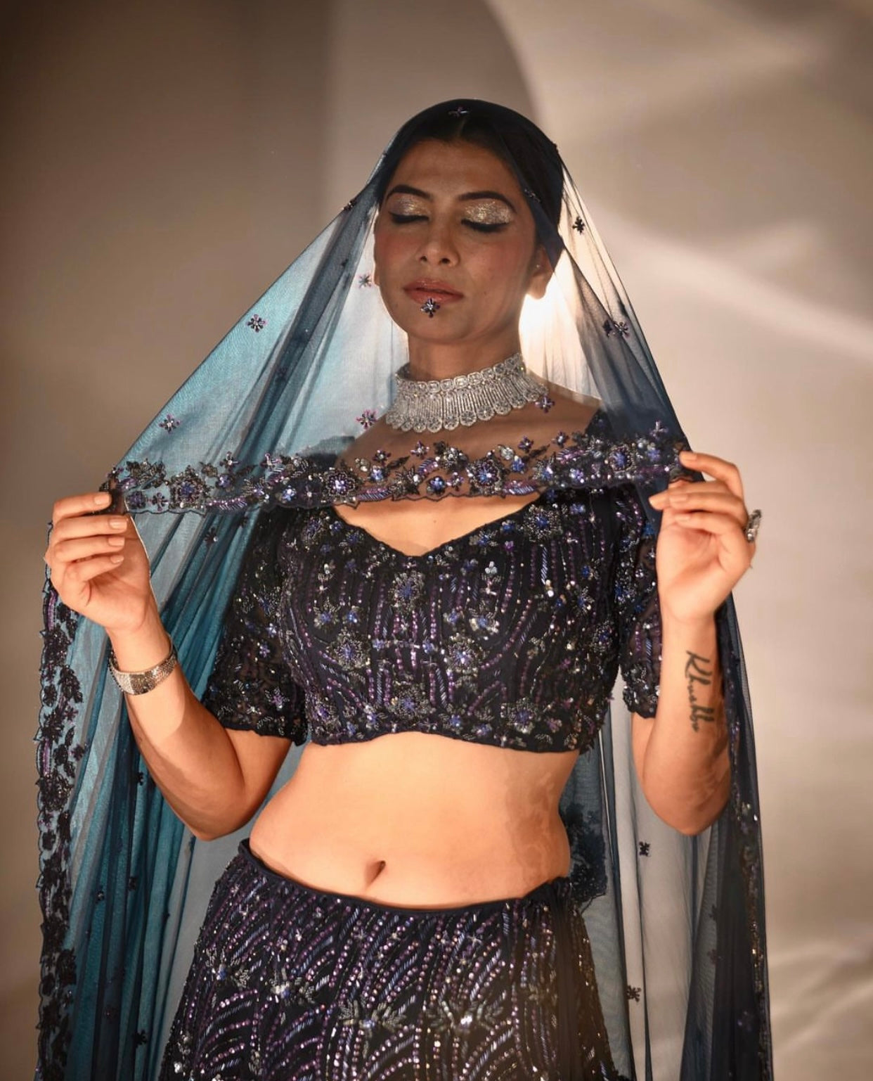 Midnight Blue Lehenga with Hand-Embroidered Blouse and Dupatta Set