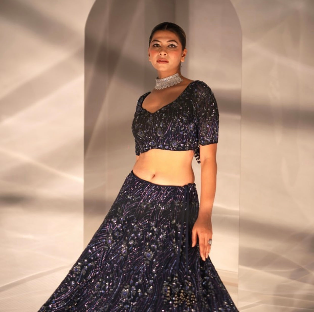 Midnight Blue Lehenga with Hand-Embroidered Blouse and Dupatta Set