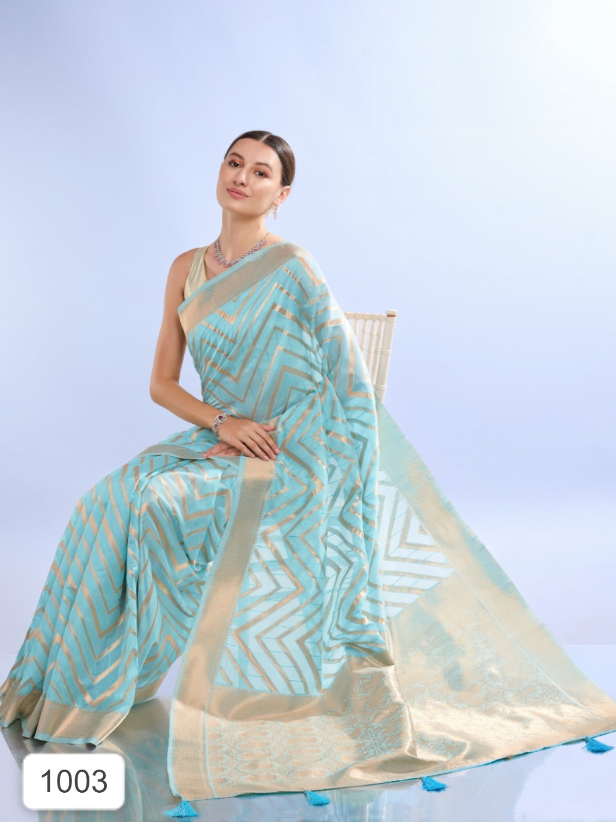 Blue and Gold Zigzag Printed Saree