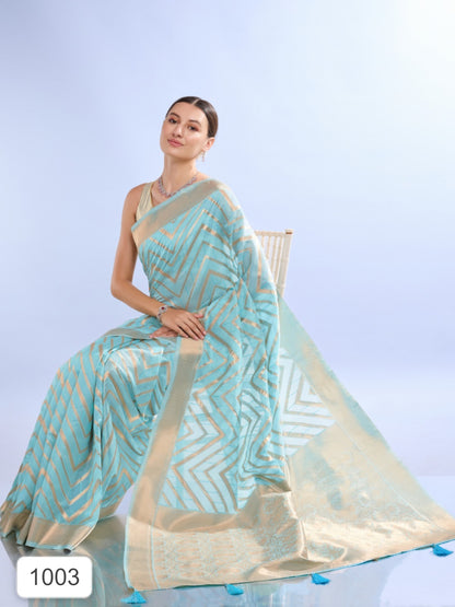 Blue and Gold Zigzag Printed Saree