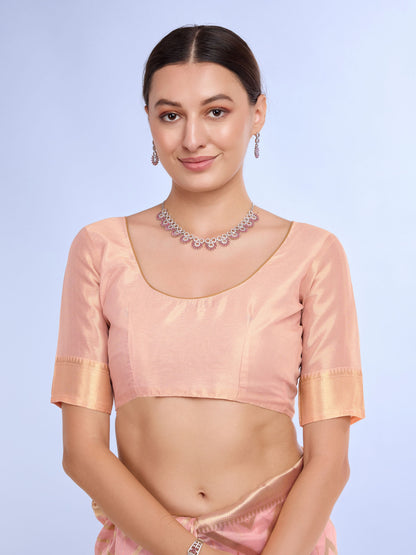 Peach Embroidered Saree with Golden Border and Tassels