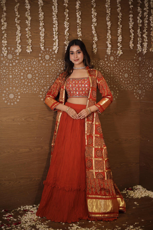 Orange Embroidered Lehenga Choli with Shrug