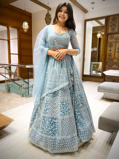 Peach Blue Diamond worked Lehenga Set