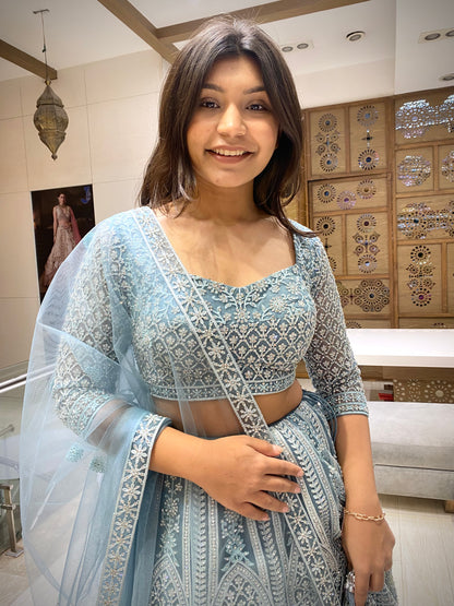 Peach Blue Diamond worked Lehenga Set