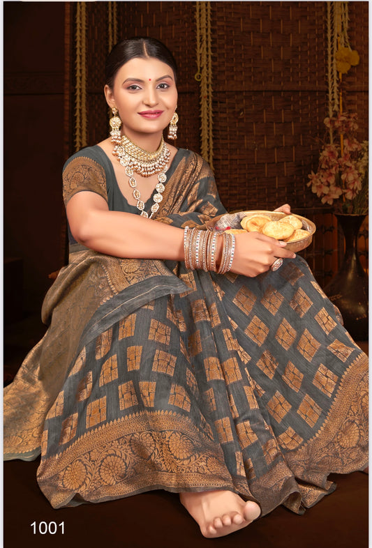 Gray Silk Printed Banarasi Saree