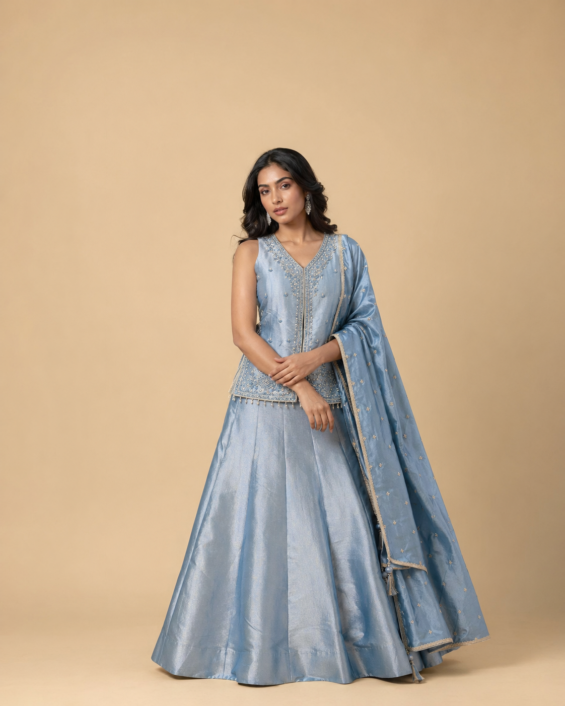 Ice Blue Embroidered Lehenga Set with Sleeveless V-Neck Blouse & Dupatta
