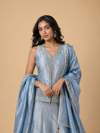 Ice Blue Embroidered Lehenga Set with Sleeveless V-Neck Blouse & Dupatta