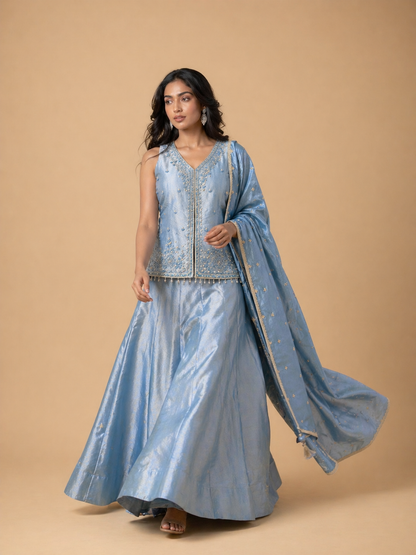 Ice Blue Embroidered Lehenga Set with Sleeveless V-Neck Blouse & Dupatta