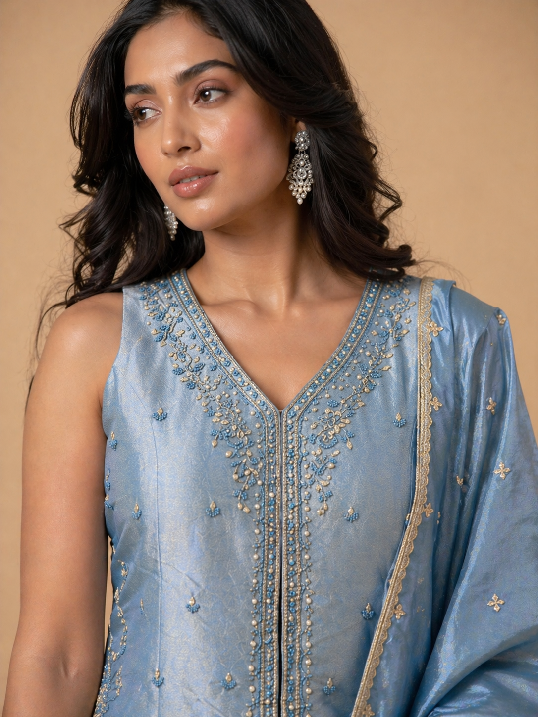 Ice Blue Embroidered Lehenga Set with Sleeveless V-Neck Blouse & Dupatta