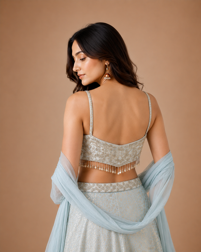 Ice Blue Embroidered Spaghetti Strap Palazzo Set