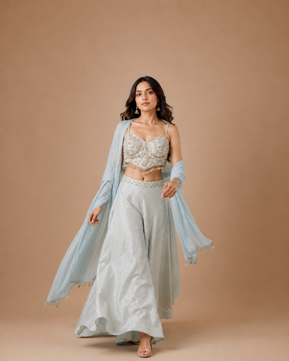 Ice Blue Embroidered Spaghetti Strap Palazzo Set