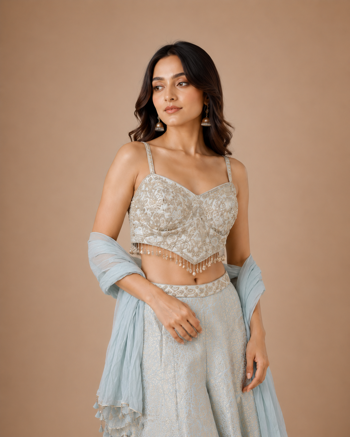 Ice Blue Embroidered Spaghetti Strap Palazzo Set
