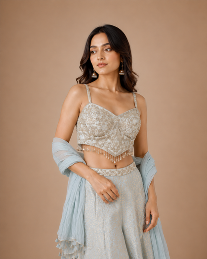 Ice Blue Embroidered Spaghetti Strap Palazzo Set