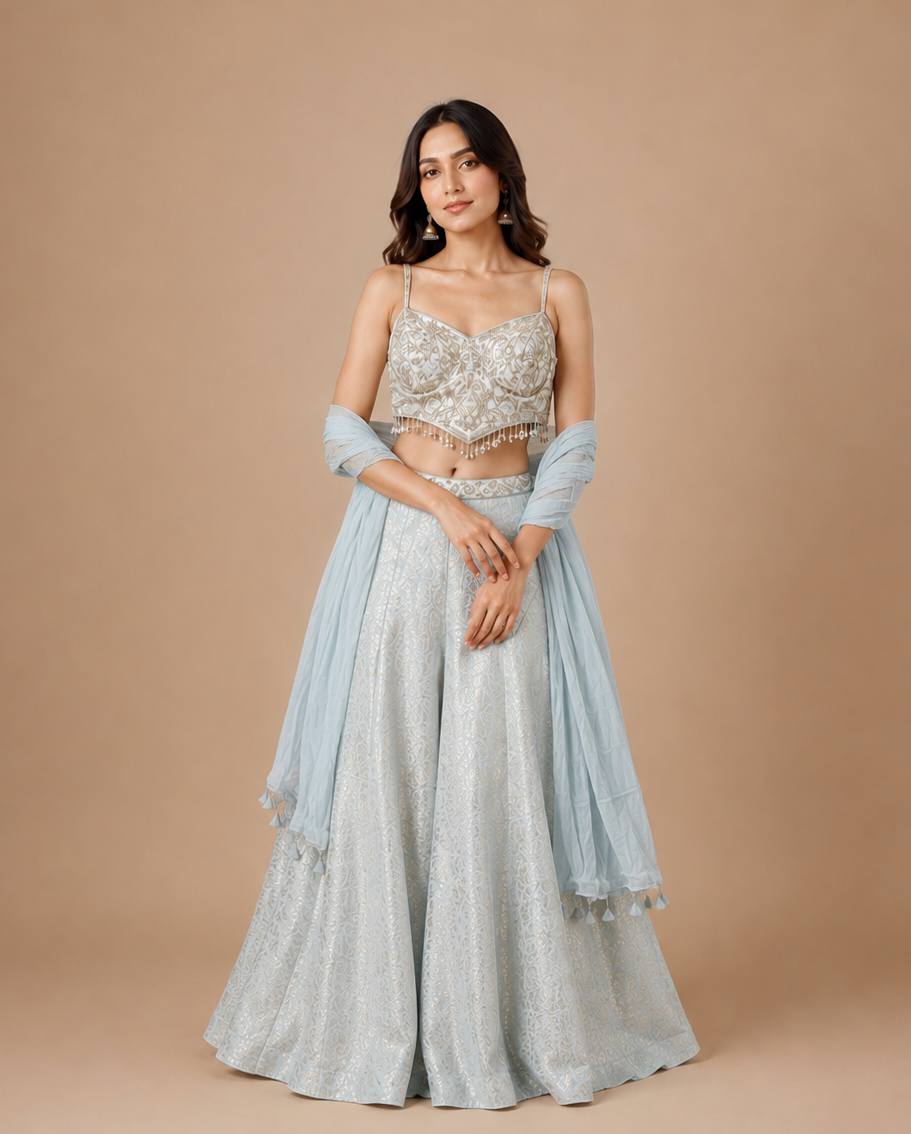 Ice Blue Embroidered Spaghetti Strap Palazzo Set