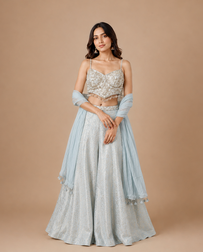 Ice Blue Embroidered Spaghetti Strap Palazzo Set
