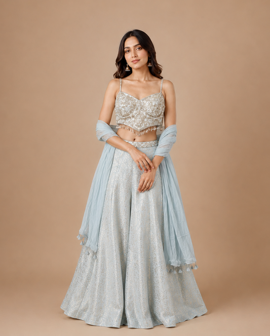 Ice Blue Embroidered Spaghetti Strap Palazzo Set