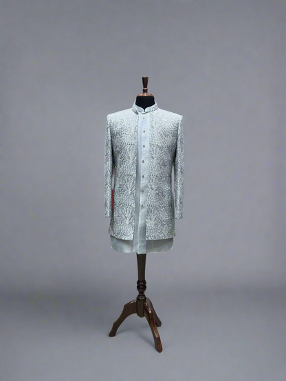 Ice Blue Indo-Western Ensemble with Textured Embroidery
