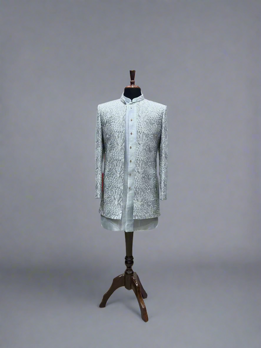Ice Blue Indo-Western Ensemble with Textured Embroidery