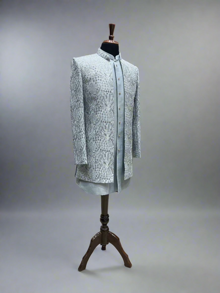 Ice Blue Indo-Western Ensemble with Textured Embroidery